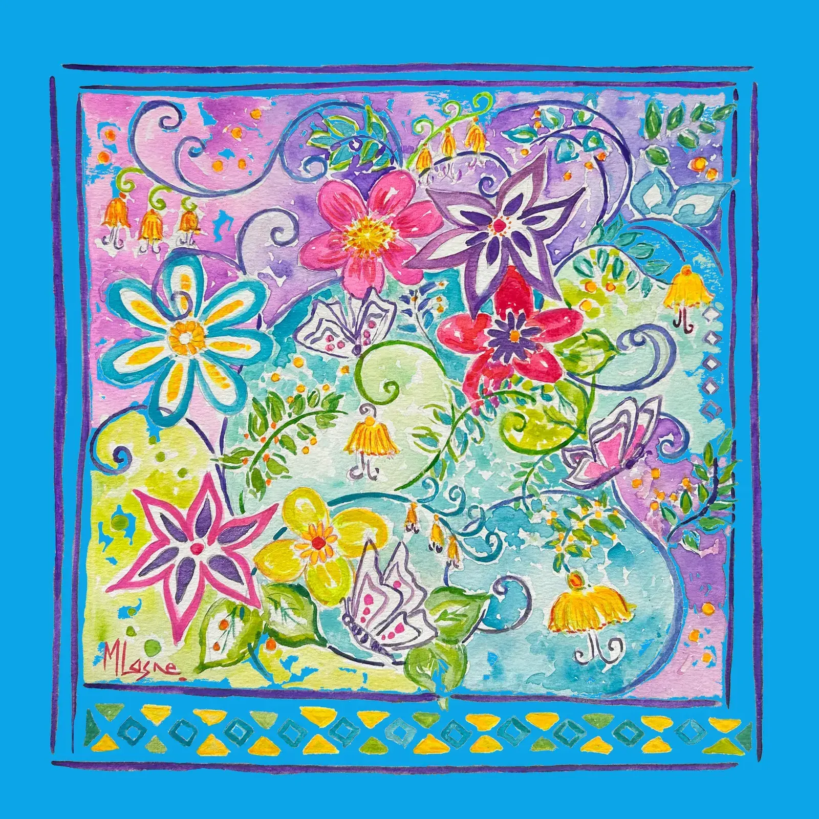 Foulard Clochettes bleu turquoise en satin de soie
