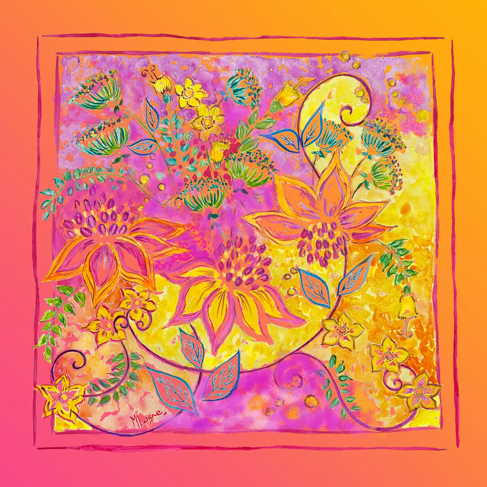 Foulard rose dégradé orange en mousseline et satin de soie