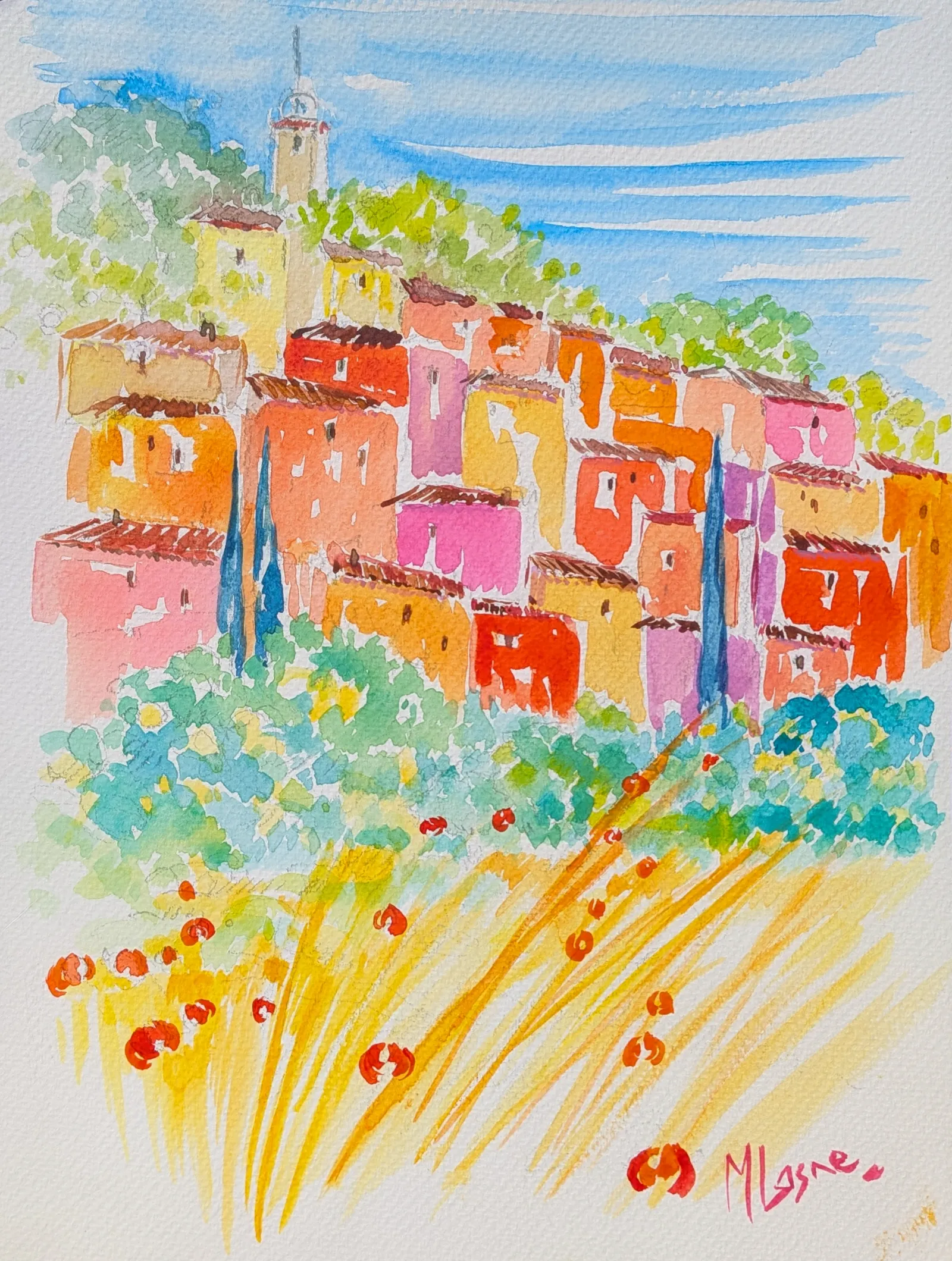 Peinture Roussillon aux coquelicots