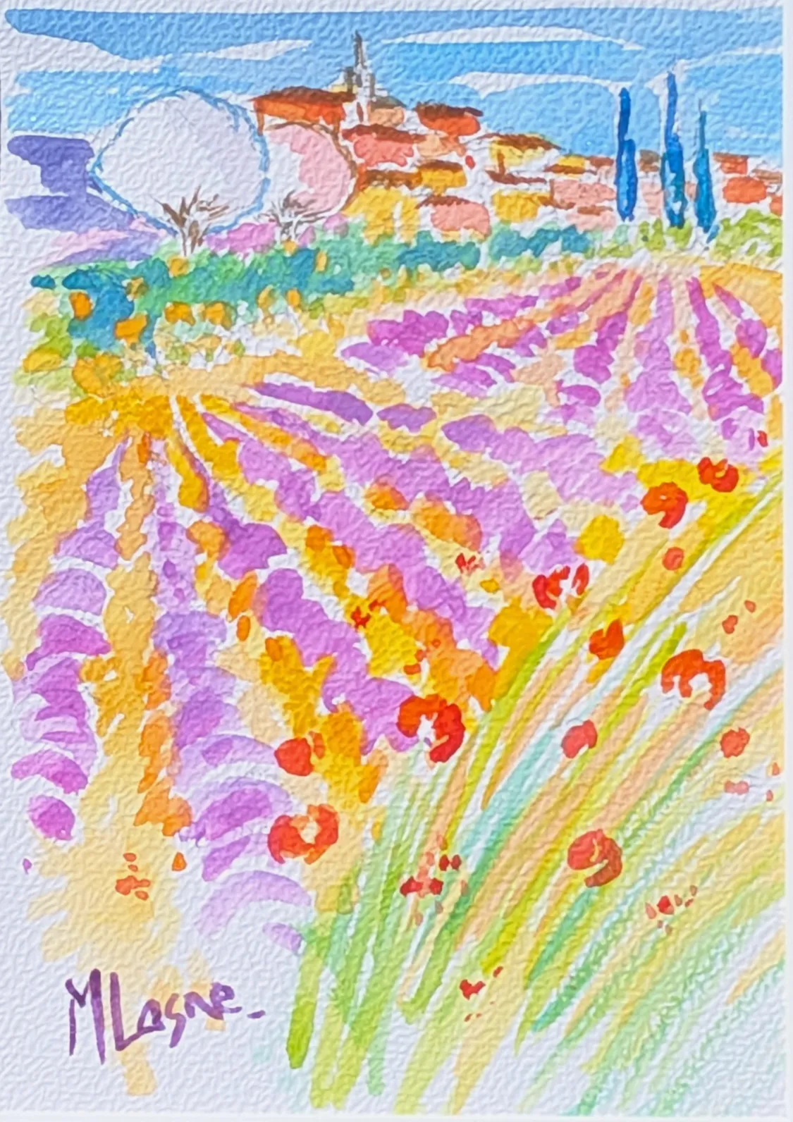 Peinture Village au loin au coeur des lavandes